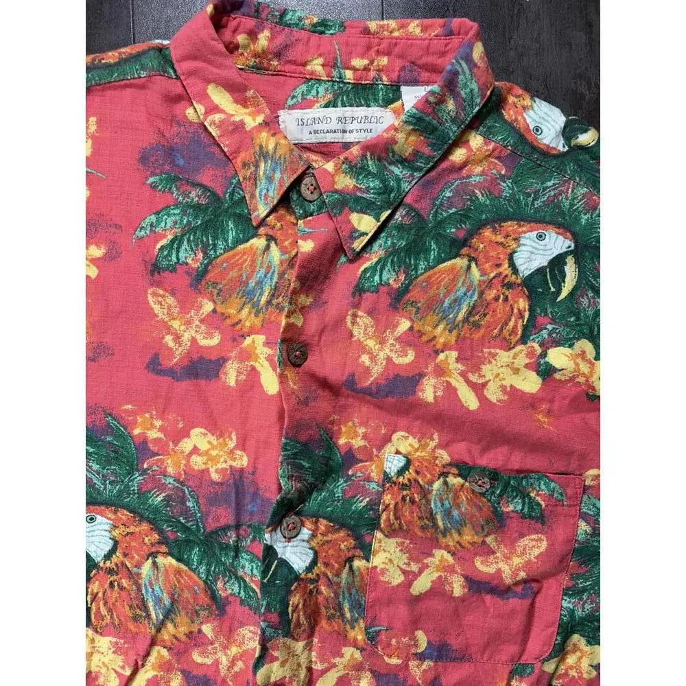 Island Republic Hawaiian Shirt Mens L Red Tropical Parrot Palm Print Rayon Butto